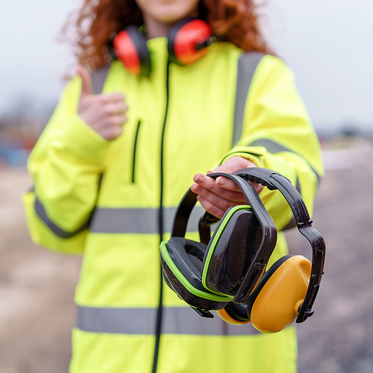 Person in a yellow reflective jacket holding earmuffs and giving a thumbs-up, with another pair of earmuffs around their neck, on what appears to be a construction site—demonstrating the importance of protecting against hearing loss in noisy environments, especially for individuals who may already rely on hearing aids.